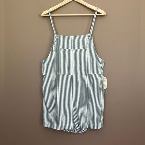 {Altar'd State} Striped Linen Blend Shortalls Romper in Blue & White - Small